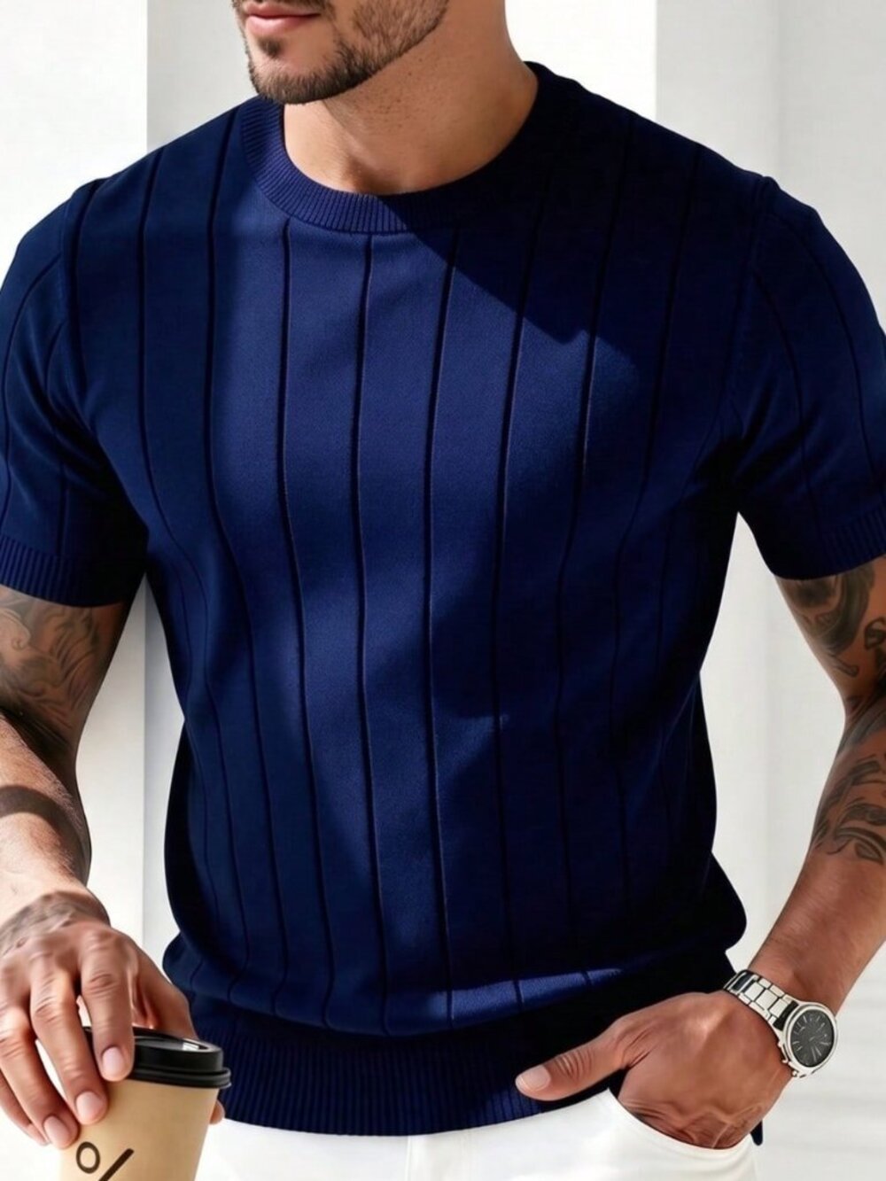 Navy Blue Sports Men's Ribbed Regular Fit Crew Neck Knit Short Sleeve Sweater